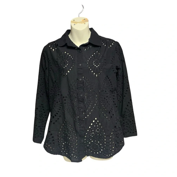 Adiva black medium eyelet button down top roll tab sleeves - Picture 1 of 7